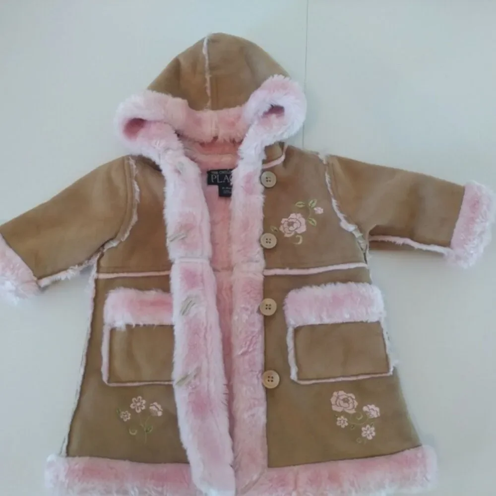 The Children's Place Baby Girl Faux Suede Sherpa Coat Pink Hooded 6-9M